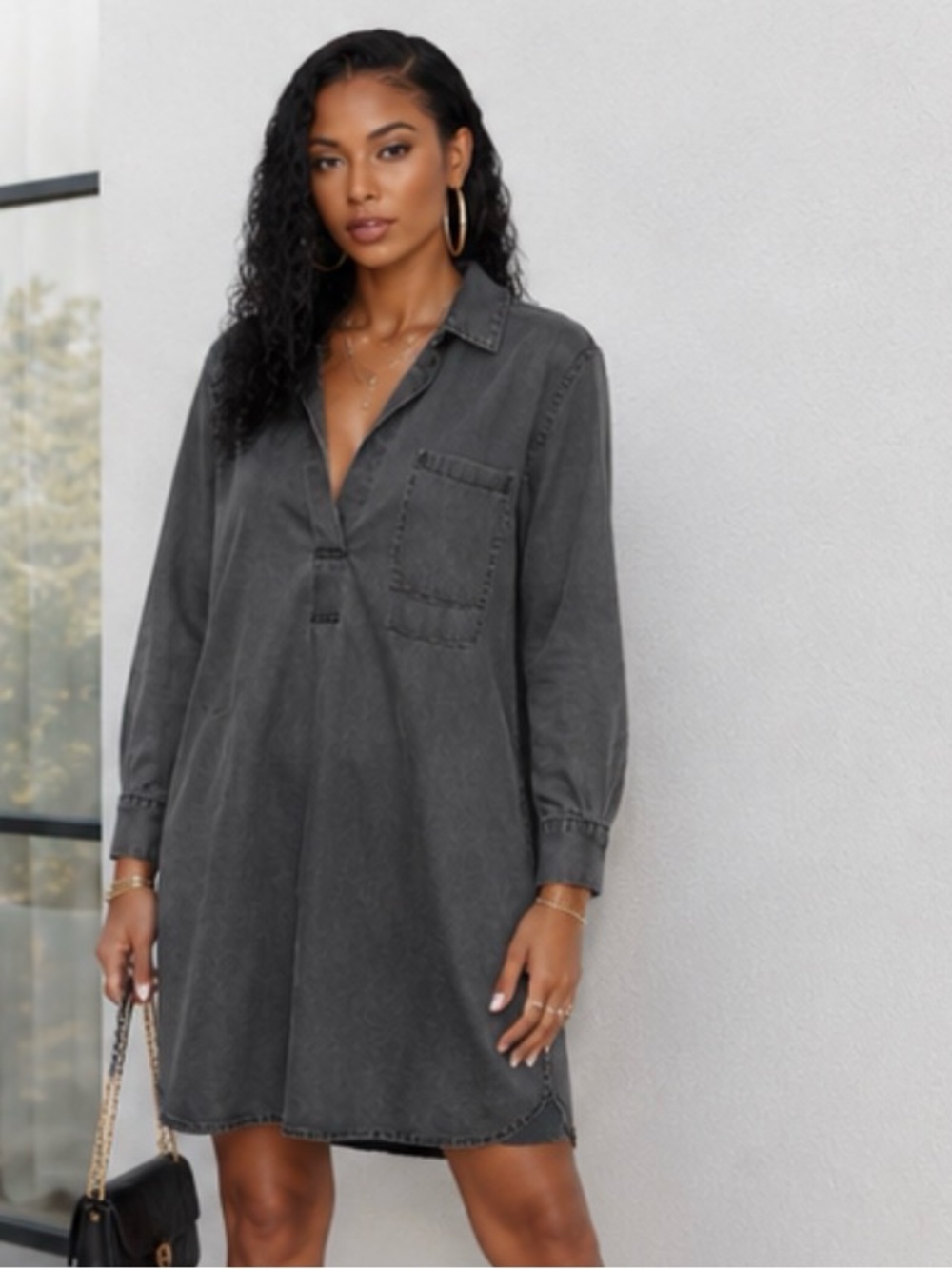 🌺Daily Ritual Size L Washed Charcoal Vneck Longline Pullover Shirt Dress
